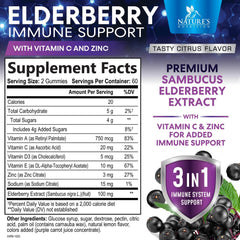 Nature's Nutrition elderberry gummies label highlighting non-GMO and gluten-free ingredients