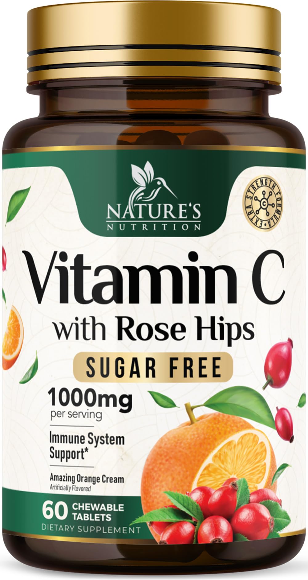Nature's Nutrition Vitamina C 1000 mg tabletas masticables, empaque frontal, apoyo antioxidante diario.