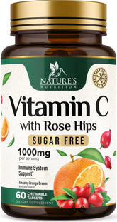 Nature's Nutrition Vitamina C 1000 mg tabletas masticables, empaque frontal, apoyo antioxidante diario.