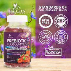 Nature's Nutrition Fiber Gummies bottle with ingredients list closeup emphasizing vegan plant-based formula
