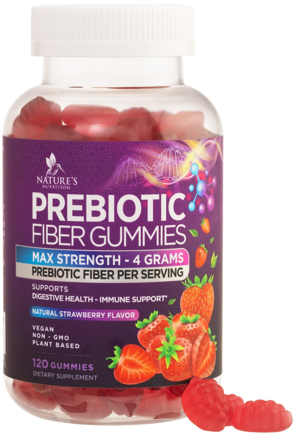 Nature's Nutrition Fiber Gummies bottle front with label and 120 gummies for daily digestive support