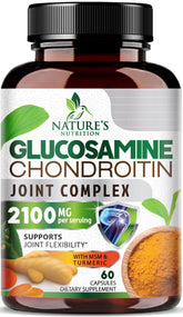 Nature's Nutrition Glucosamina Condroitina MSM 2100mg: botella con cápsulas para movilidad diaria.