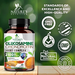 Nature's Nutrition Glucosamina Condroitina MSM 2100mg: etiqueta frontal clara con información de uso.