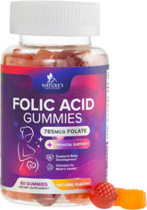 Nature's Nutrition gominolas ácido fólico 785 mcg, botella frontal para uso diario.