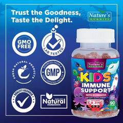Nature's Nutrition gomitas inmunidad para niños, envase abierto mostrando la cantidad.