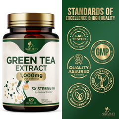 Nature's Nutrition Green Tea leaves and cup scene signaling natural wellness