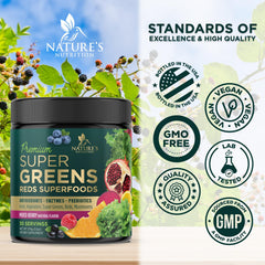 Nature's Nutrition organic greens display highlighting nutrient rich ingredients