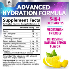 Nature's Nutrition Hydration Electrolyte Gummies lemon gummy close-up highlighting tasty electrolyte replenishment.