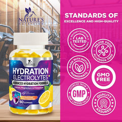 Nature's Nutrition Hydration Electrolyte Gummies vegan, non-GMO ingredients for clean daily hydration.