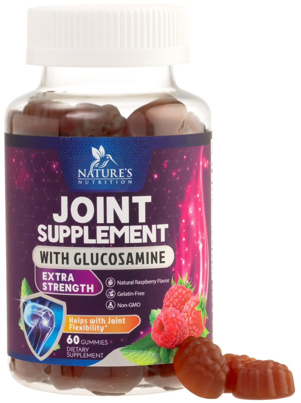 Nature's Nutrition Joint Support Gummies bottle close-up, chewy texture for mobility support