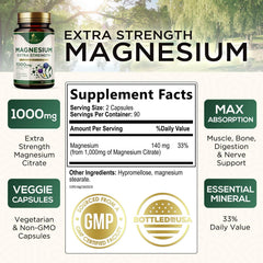 Nature's Nutrition magnesium capsules closeup highlighting high potency for nerves and muscles.