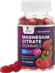 Nature's Nutrition magnesium citrate gummies bottle offers vegan daily support for muscle and nerve health