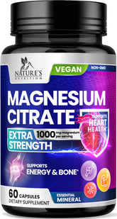 Nature's Nutrition magnesio citrato 1000 mg — botella frente, soporte óseo y muscular