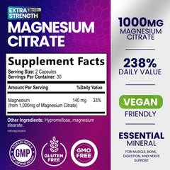 Nature's Nutrition magnesio citrato 1000 mg — tapa y etiqueta, visión de producto