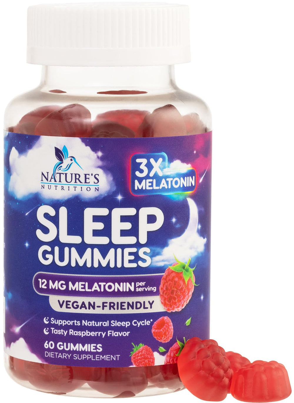 Nature's Nutrition Melatonina 12 mg gomitas en botella para un descanso suave