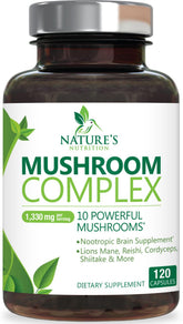 Nature's Nutrition Mushroom Brain Supplement bottle shows a high-strength 10-in-1 focus support formula