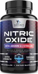 Nature's Nutrition Nitric Oxide Booster bottle showing 180 capsules for energy and endurance.