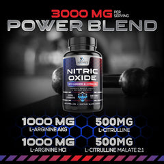 Nature's Nutrition Nitric Oxide Booster label front emphasizes quality and USA-bottled production.