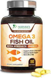Nature's Nutrition Omega-3 bottle front showcasing triple-strength softgels for daily wellness.