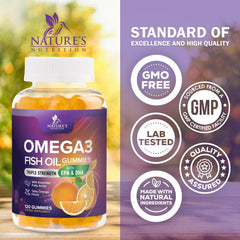 Nature's Nutrition Omega 3 Gummies family scene indicates suitability for adults and kids.