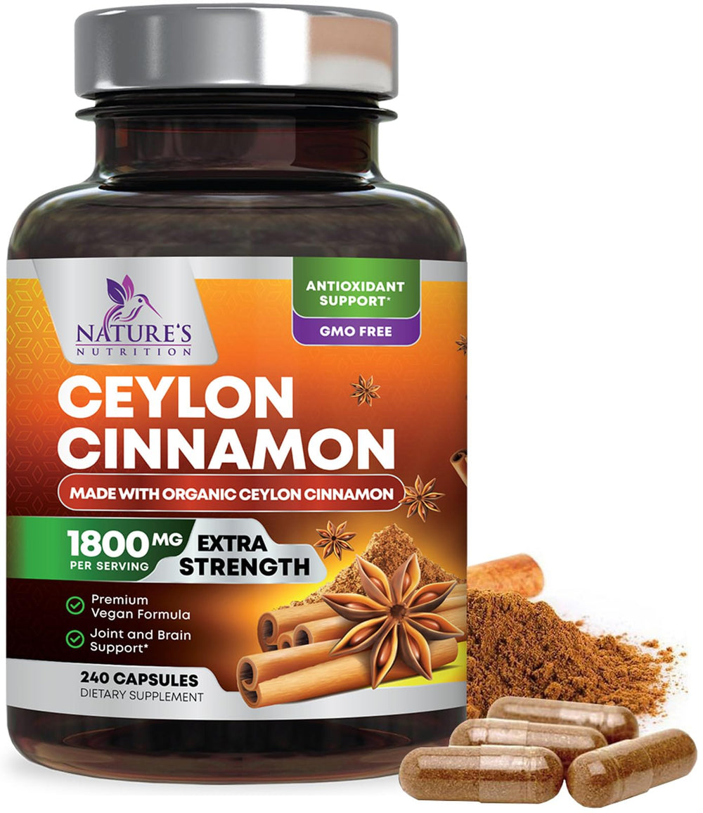 Nature's Nutrition Organic Ceylon Cinnamon 1800mg pills in bottle for daily wellness.
