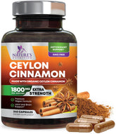 Nature's Nutrition Organic Ceylon Cinnamon 1800mg pills in bottle for daily wellness.