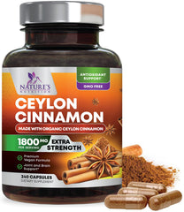 Nature's Nutrition Organic Ceylon Cinnamon 1800mg pills in bottle for daily wellness.