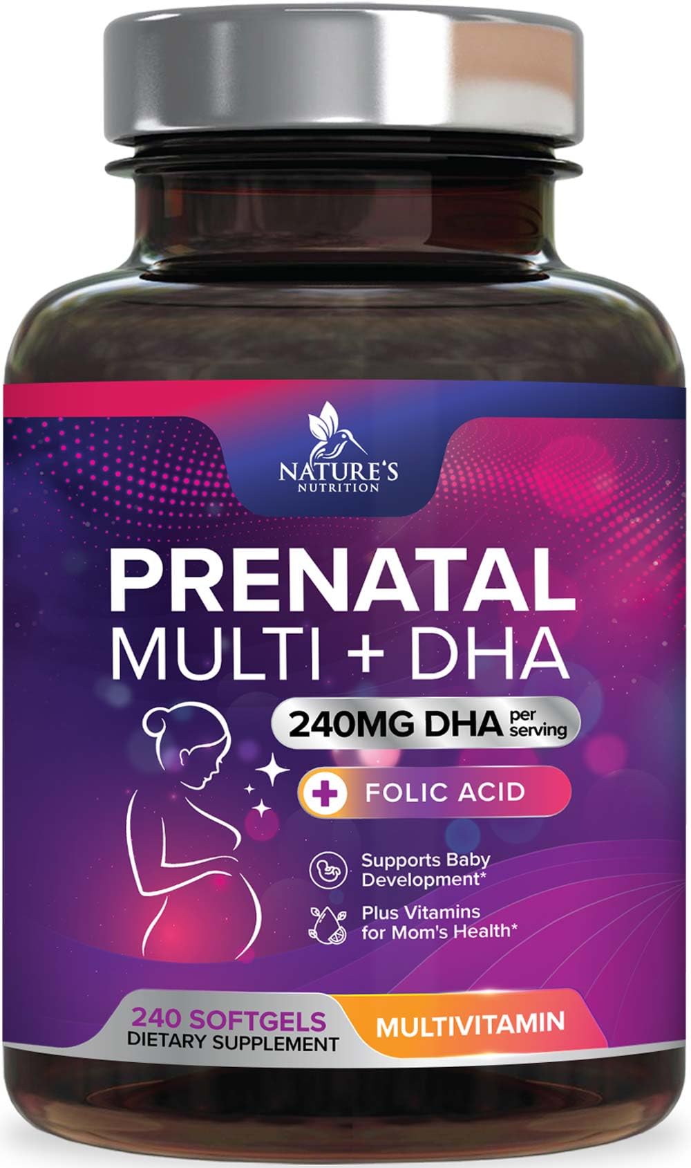 Nature's Nutrition prenatal softgels bottle for daily pregnancy support.