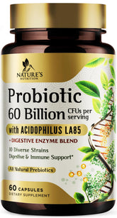 Nature's Nutrition Probiotics bottle front promoting 60 billion CFU for gut support.