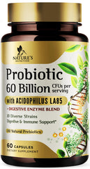 Nature's Nutrition Probiotics bottle front promoting 60 billion CFU for gut support.
