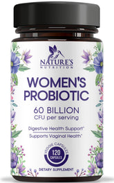 Nature's Nutrition probiotics bottle front promotes daily female digestive balance.