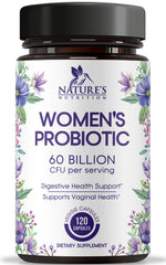 Nature's Nutrition probiotics bottle front promotes daily female digestive balance.