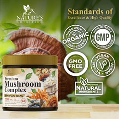 Nature's Nutrition 8-mushroom blend powder featuring Shiitake Maitake and Turkey Tail.