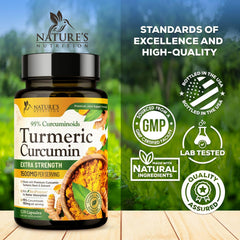 Nature's Nutrition turmeric capsules close-up on smooth, easy-to-swallow supplement.