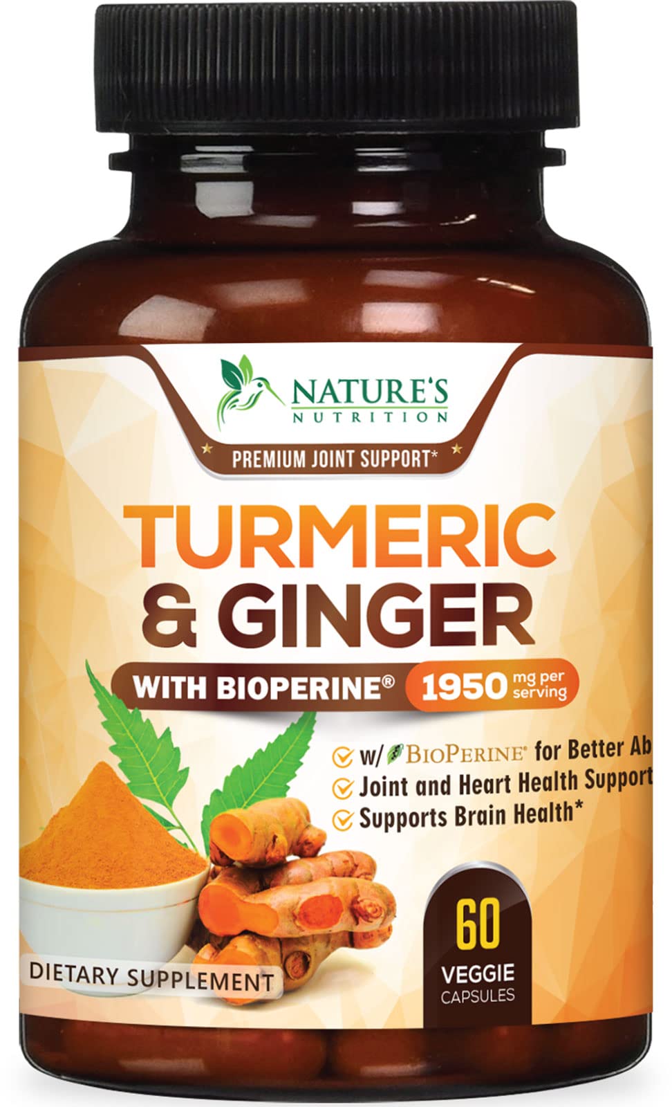 Nature's Nutrition turmeric-curcumin 1950mg bottle close-up highlights joint support