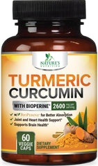 Nature's Nutrition turmeric curcumin 2600mg bottle front for daily wellness.