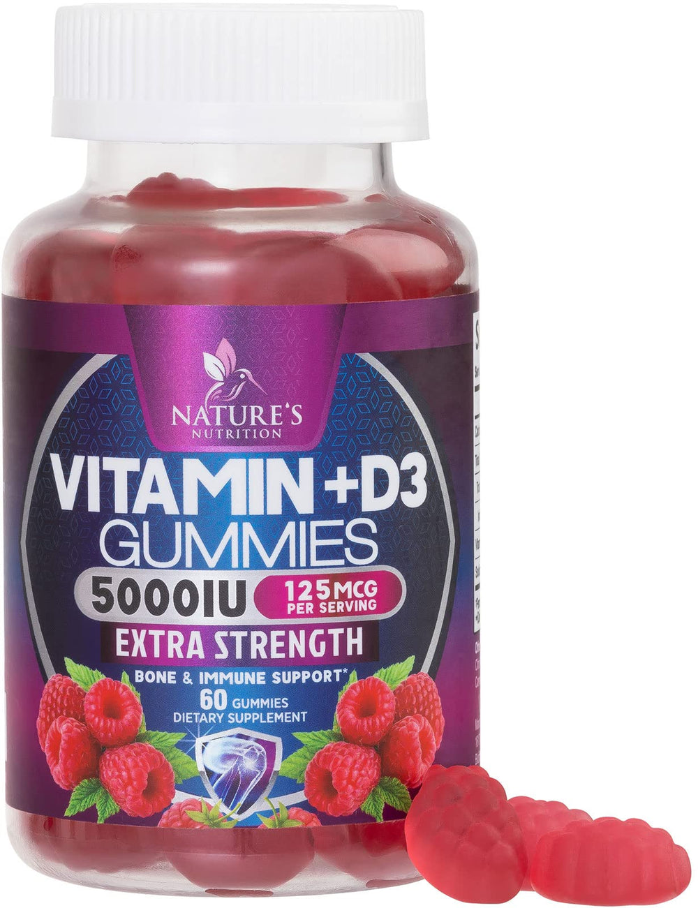 Nature's Nutrition Vitamin D3 gummy bottle shows 5000 IU for daily bone support.