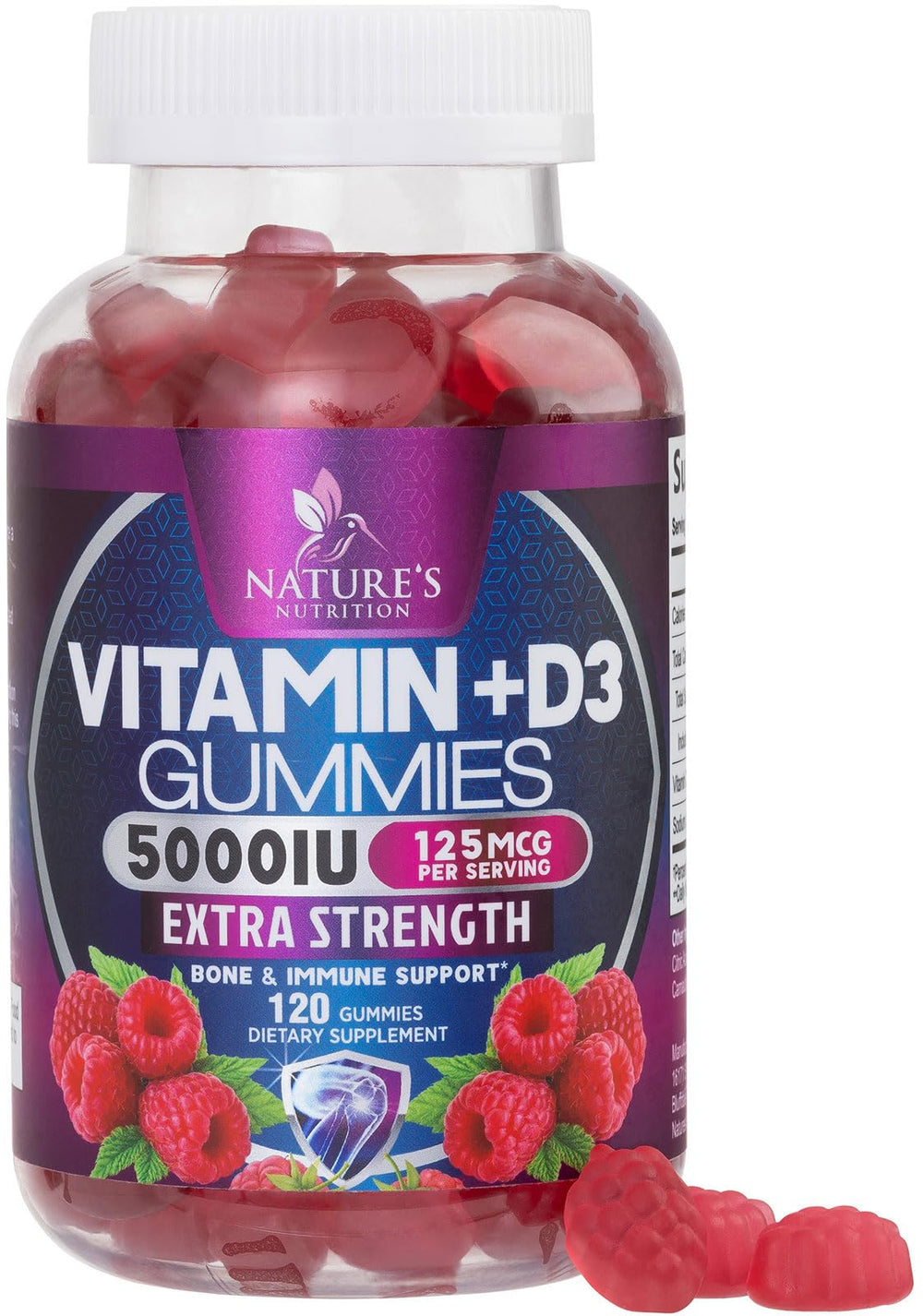 Nature's Nutrition Vitamin D3 gummy bottle front highlights high potency for daily bone and immune support.