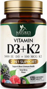 Nature's Nutrition vitamin D3 K2 berry chew tablet for immune and bone support.