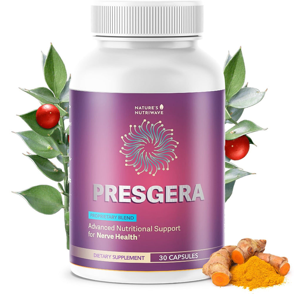 Nature’s NutriWave Presgera bottle front, signaling easy daily capsules for wellness.