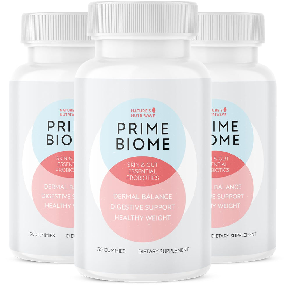 Nature’s NutriWave PrimeBiome bottle front with gummies for daily plant-based support.
