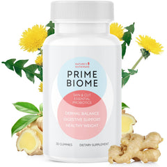 Nature’s NutriWave PrimeBiome gummies bottle with plant-based probiotic blend.