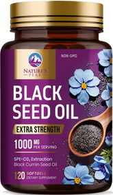 Nature's Peak Black Seed Oil 1000mg bottle for immune support and skin wellness.