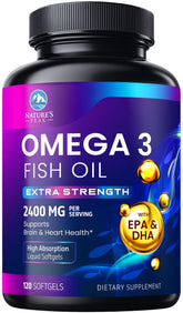 Nature's Peak Omega-3, botella de cápsulas, 2400 mg para apoyo diario.