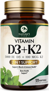 Nature's Peak D3 K2 softgel bottle, high-potency vitamin D3 and MK-7 for daily wellness.
