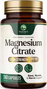 Nature's Peak magnesium citrate bottle displaying 1000 mg capsules for daily wellness.