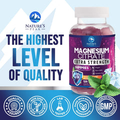 Nature's Peak magnesium citrate gummy close-up highlights soft chew texture.