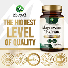 Nature's Peak magnesium glycinate 500mg bottle top view on clean surface