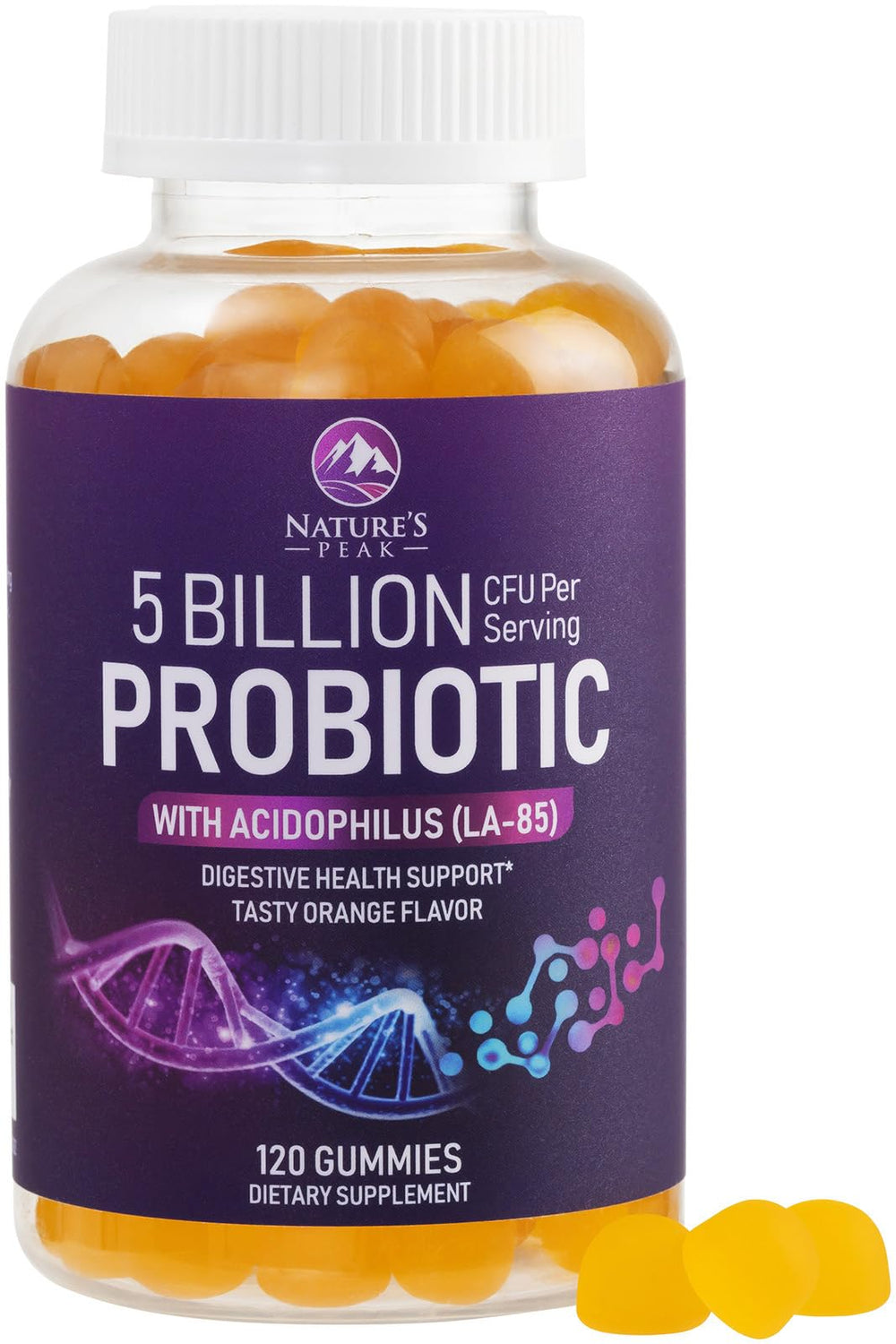 Nature's Peak Probiotic Gummies bottle front shows 5B CFU for daily digestive support.