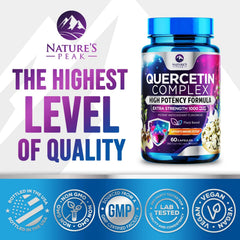 Nature's Peak Quercetin bottle packaging shows premium vegan formula in a USA-made container.